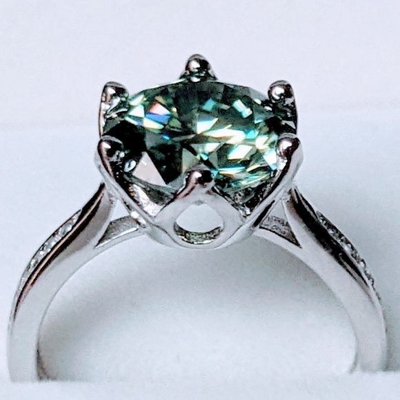 3CT Stunning Authentic Blue Green Moissanite Diamond Alternative Ring, Cathedral - Picture 5 of 13
